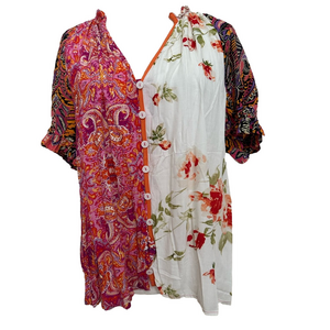 Mixed-Print Button-Front Blouse in Pink and White Floral